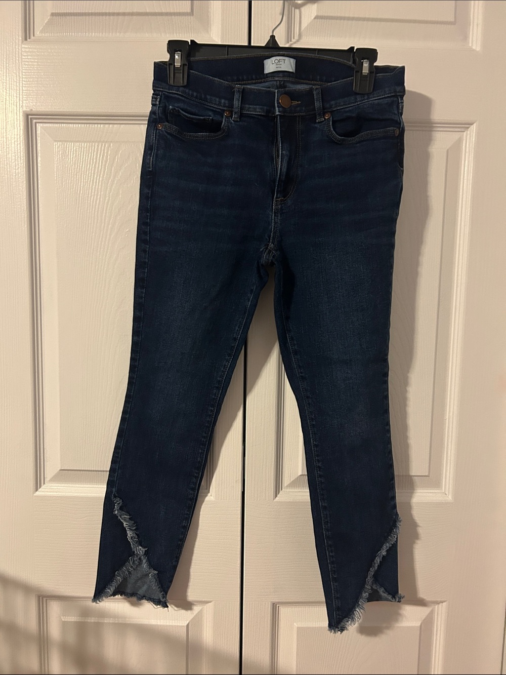 LOFT Dark Indigo Frayed Ankle Skinny Jeans